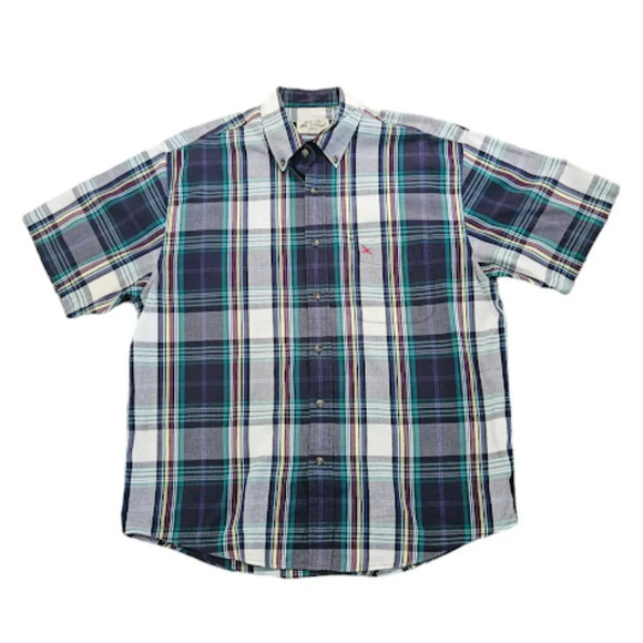 Eddie Bauer Vintage Men Large Blue Cotton Button Down Plaid Short Sleeve Shirt - Picture 1 of 5